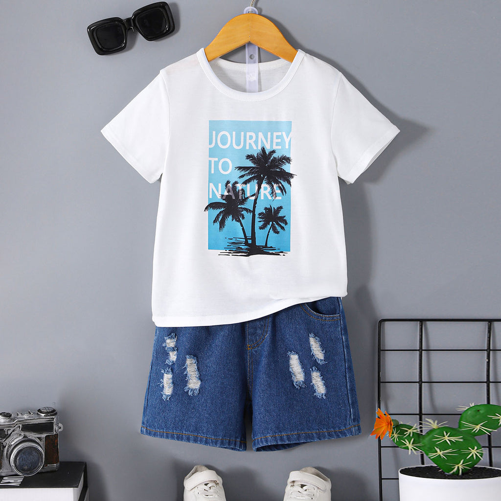 Boys White Tropical Graphic Print With Denim Shorts Set 2 pc. Sets White 3-4 Y