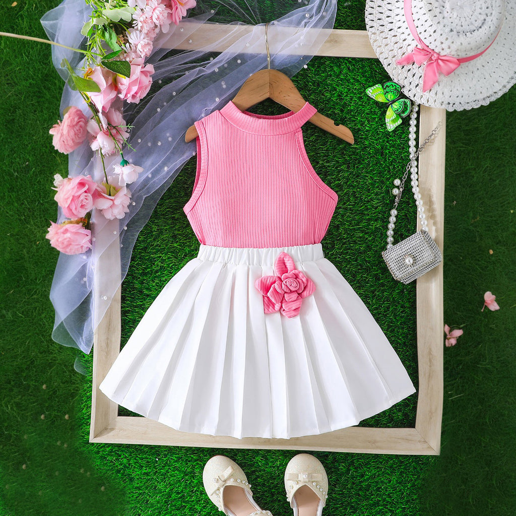 Girls Pink Sleeveless Round Neck Tank Top With Pleated Skirts Set 2 pc. Sets Pink 3-4 Y