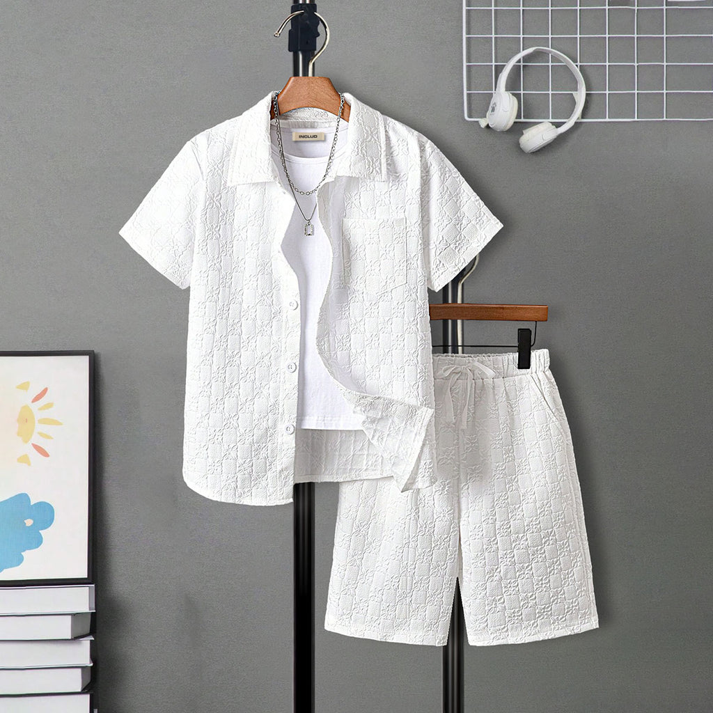 Boys White Self Designed Shirt With Shorts Set 2 pc. Sets White 7-8 Y
