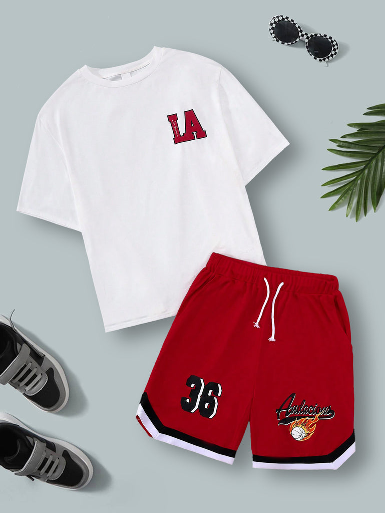 Boys White Typographic Printed Short Sleeve T-Shirt With Shorts Set 2 pc. Sets White 7-8 Y