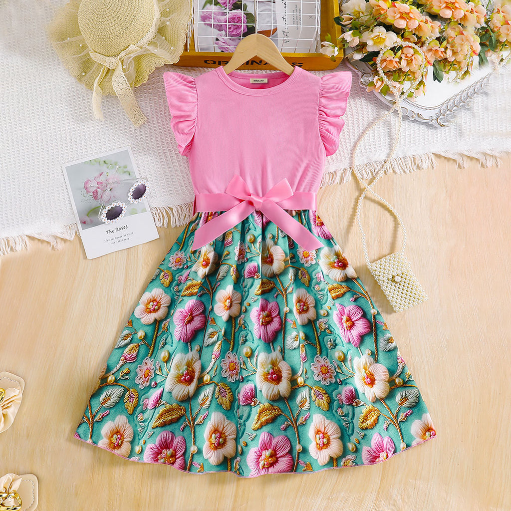 Girls Pink Floral Printed Flutter Sleeves Fit And Flared Midi Dress Casual Dresses Pink 3-4 Y