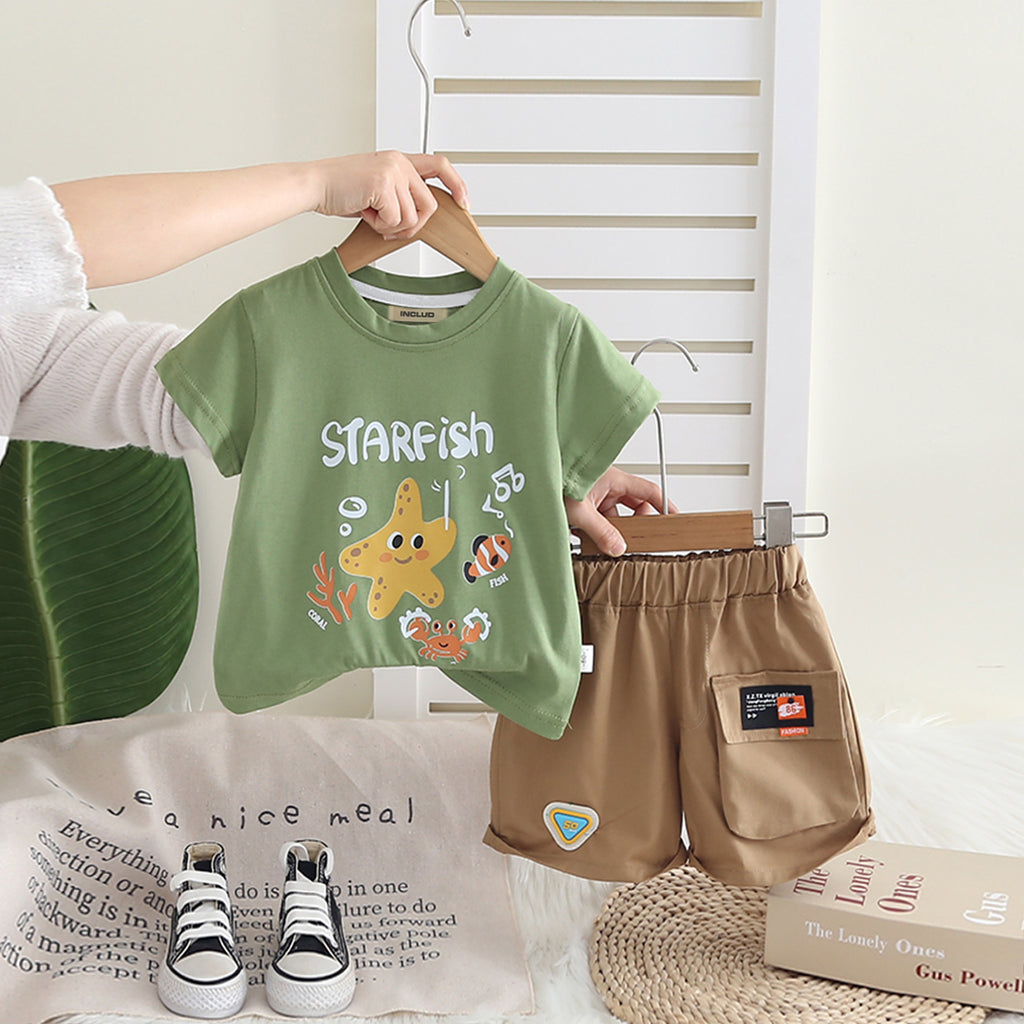 Boys Green Star Fish Graphic Short Sleeves T- Shirt With Shorts Set 2 pc. Sets Green 1-2 Y