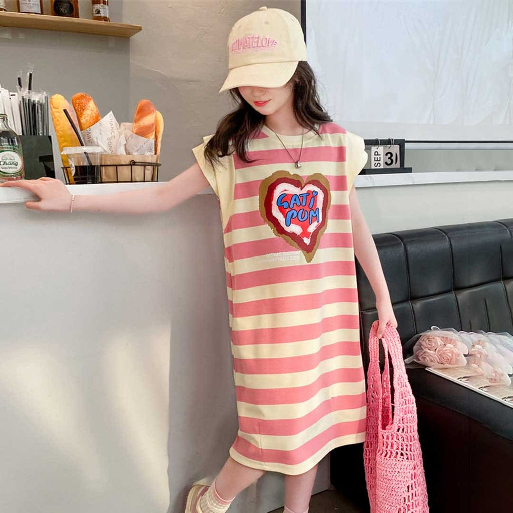 Girls Striped Heart Print Caps Sleeves A-Line Dress Casual Dresses Pink 6-7 Y 