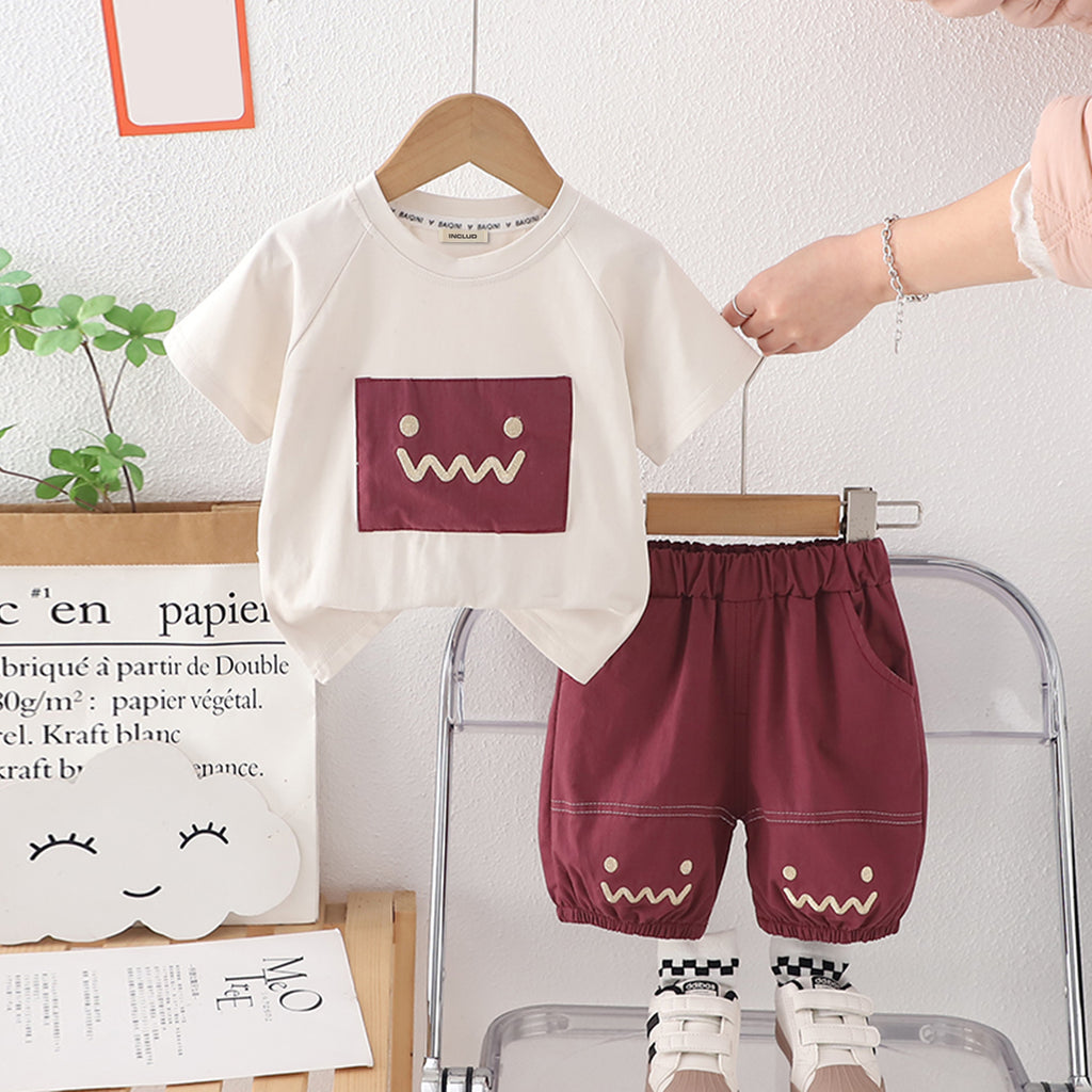 Boys Contrast Applique T-Shirt With Maroon Shorts Set 2 pc. Sets Maroon 1-2 Y