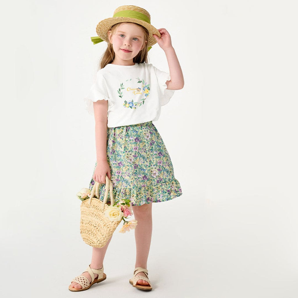 Girls Printed Top with Floral Print Skirt Set Sets White 1-2 Y 