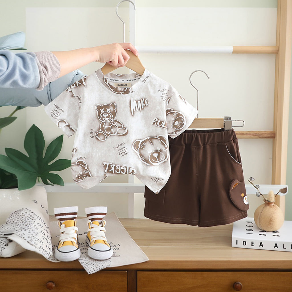 Boys Brown Bear Print Short Sleeve T-Shirt With Elasticated Shorts Set 2 pc. Sets Brown 1-2 Y