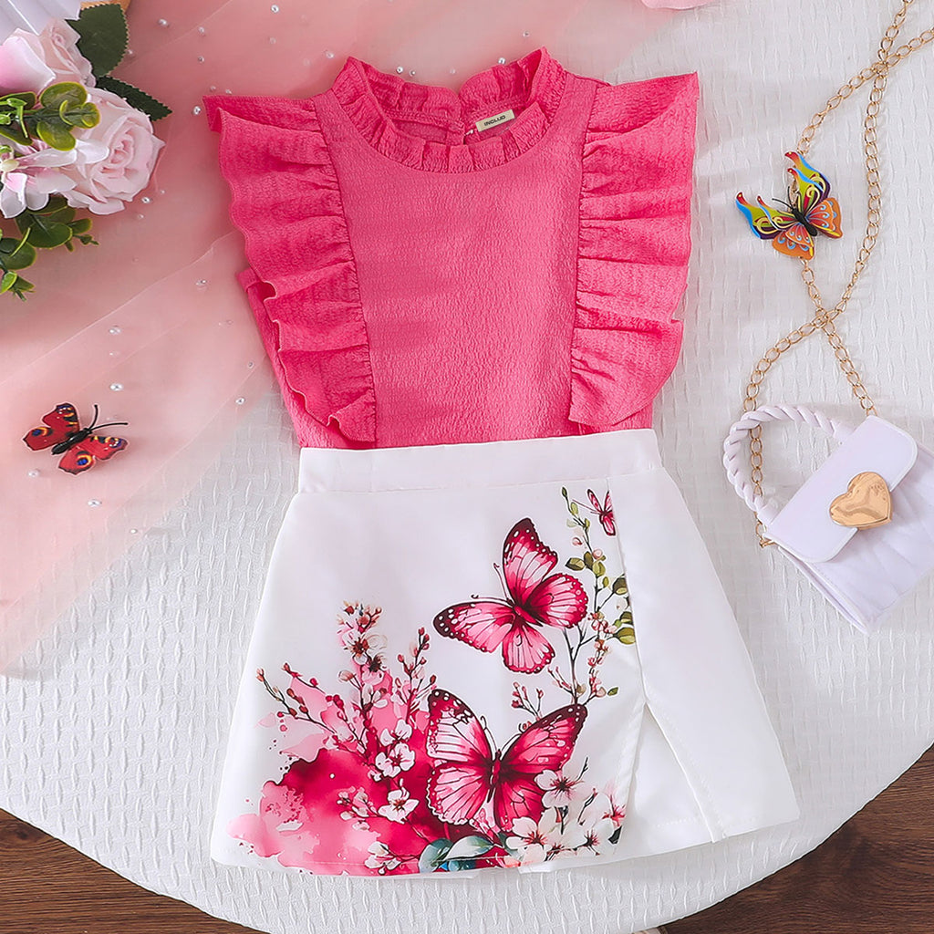 Girls Fuchsia Ruffle Top with Butterfly Print Skort Set Sets Fuchsia 2-3 Y