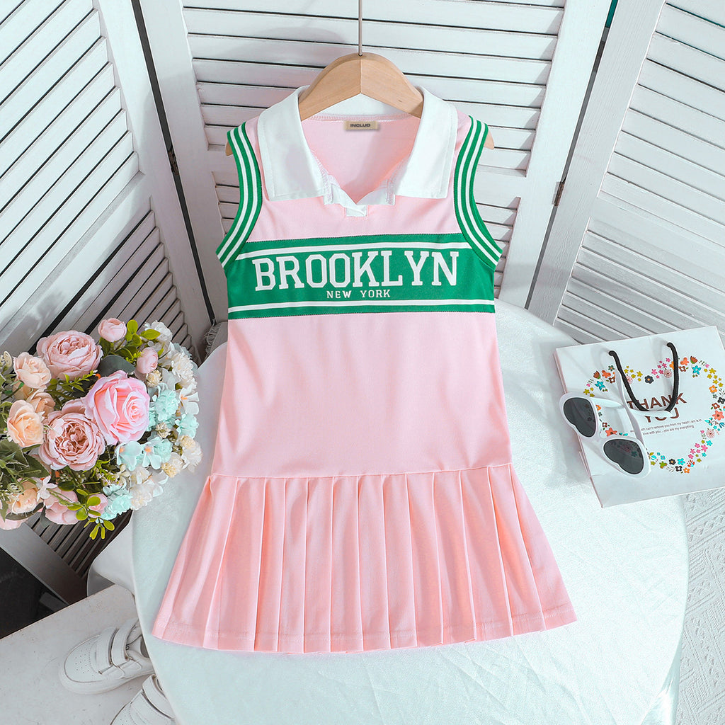 Girls Light Pink Typographic Printed Pleated Bottom Skater Dress Casual Dresses Light Pink 3-4 Y