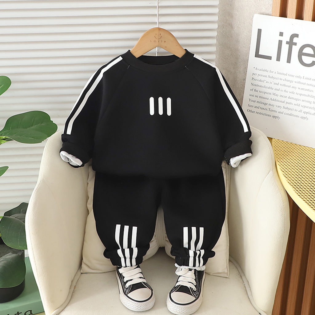 Boys Black Three Stripes Printed Winter Sweatshirt With Pants Set 2 pc. Sets Black 1-2 Y