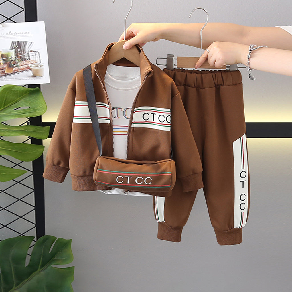 Boys Brown Typographic Printed Sweatshirt With T-Shirt & Sling Bag & Pants Set Sets Brown 1-2 Y