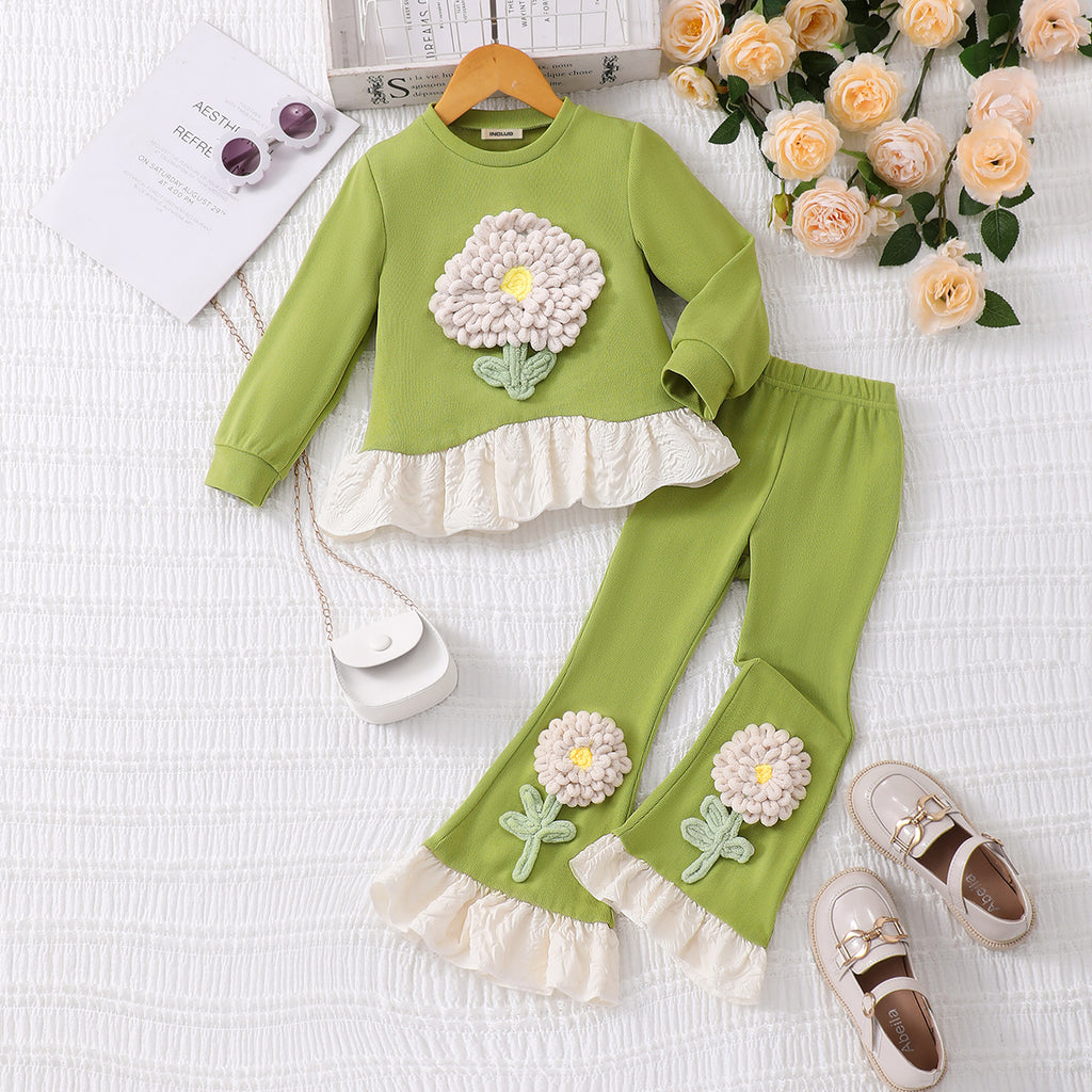 Girls Green Textured 3D Flower Applique Top With Pants Set 2 pc. Sets Green 3-4 Y