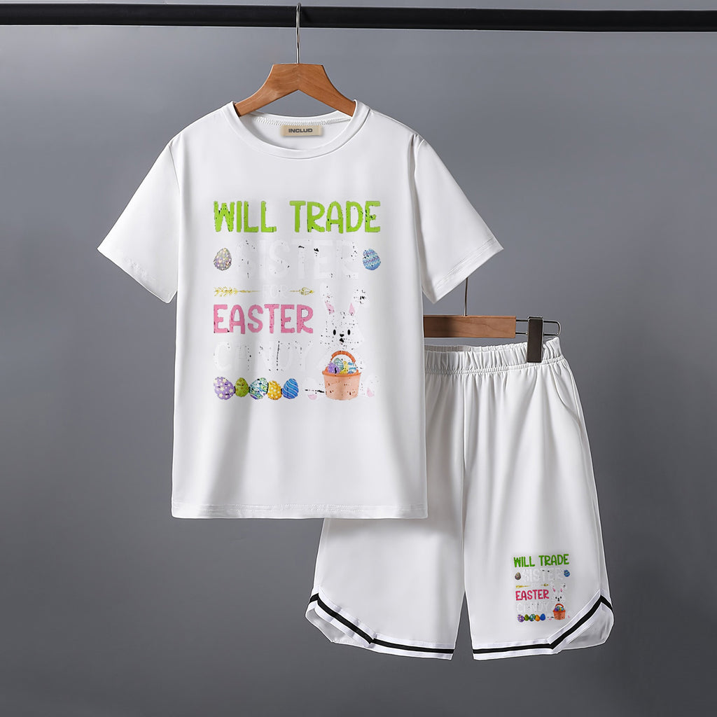 Boys White Rabbit Graphics Short Sleeve T-Shirt With Shorts Set 2 pc. Sets White 5-6 Y