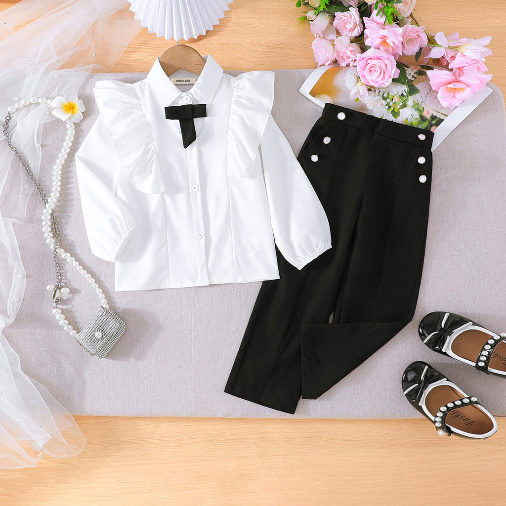 Girls White Ruffle Shirt with Black Flared Pants Set Sets White 3-4 Y