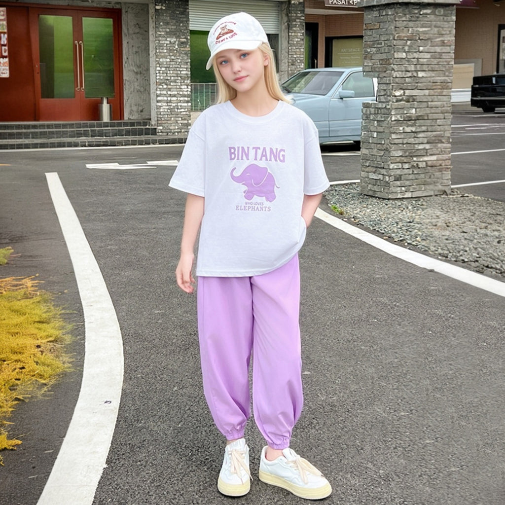 Girls Purple Elephant Printed Summer T-Shirt With Jogger Set 2 pc. Sets Purple 5-6 Y