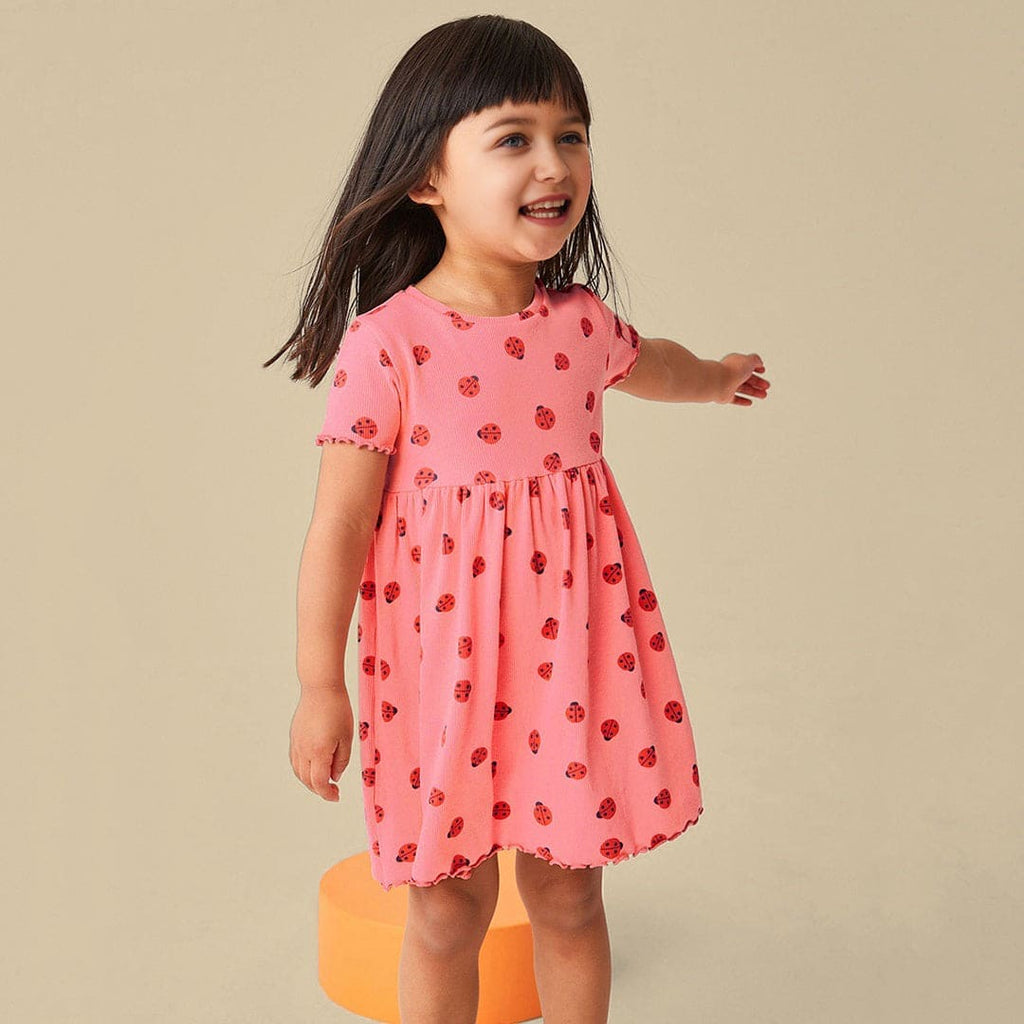 Girls Short Sleeve ladybird Print Flared Dress Casual Dresses Peach 1-2 Y 
