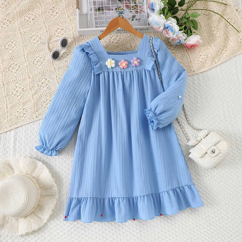 Girls Light Blue Textured Ruffled Long Sleeve Dress with Floral Appliques Casual Dresses Light Blue 7-8 Y