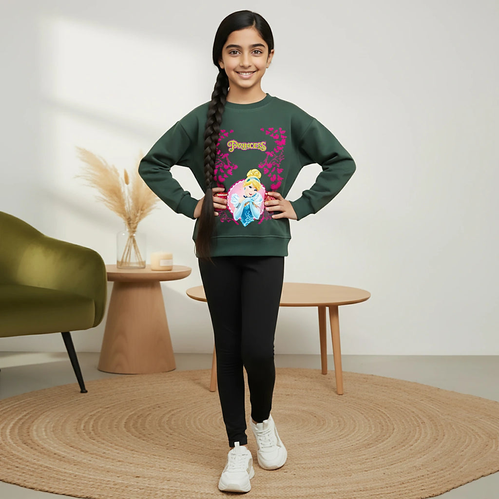 Girls Green Princess Graphics Round Neck Sweatshirt Sweatshirts & Hoodies Green 1-2 Y