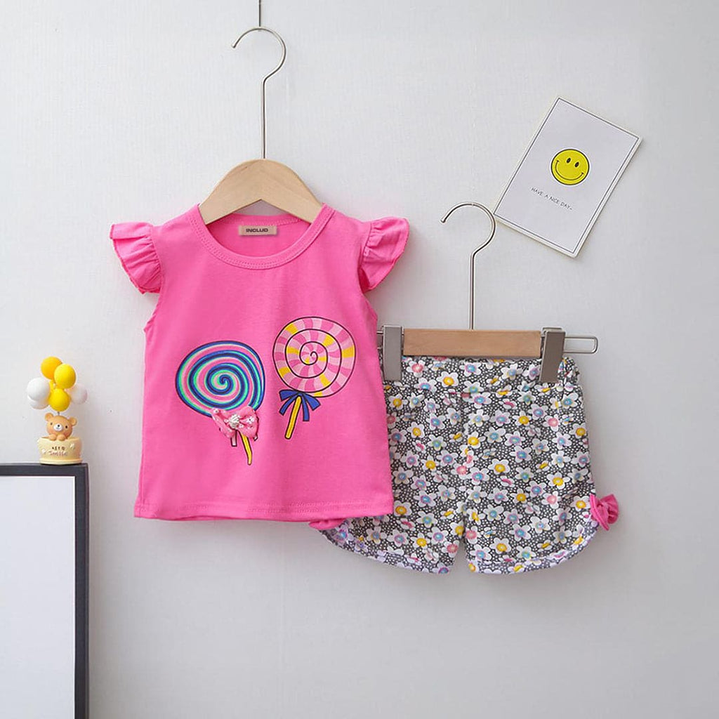 Girls Graphic Print Top With Printed Shorts Set Sets