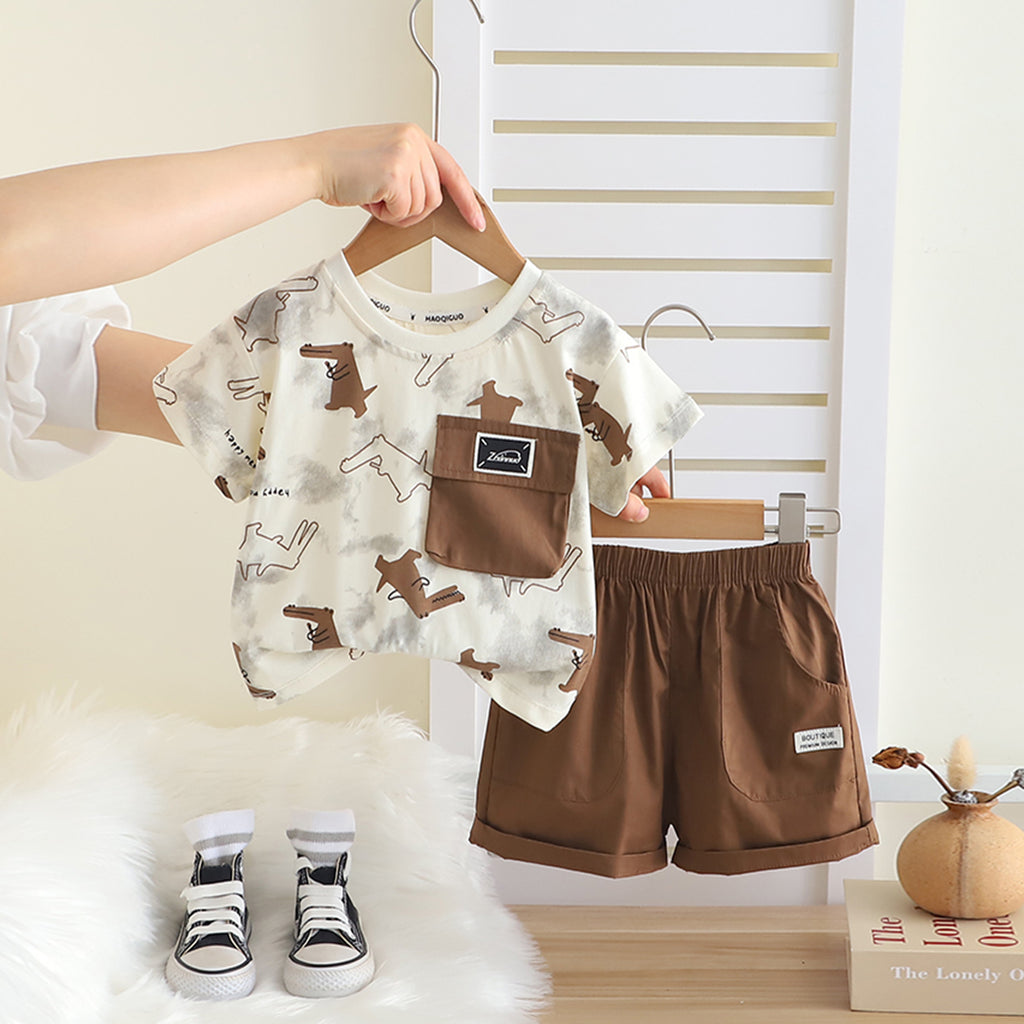 Boys Brown Abstract Printed Contrast Pocketed T-Shirt With Shorts Set 2 pc. Sets Brown 1-2 Y