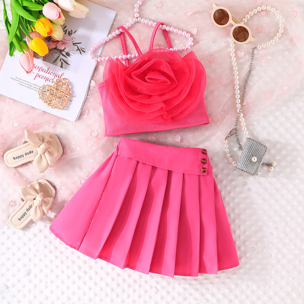 Girls Dark Pink Flower Applique Crop Top With Pleated Skirt Summer Set 2 pc. Sets Dark Pink 2-3 Y