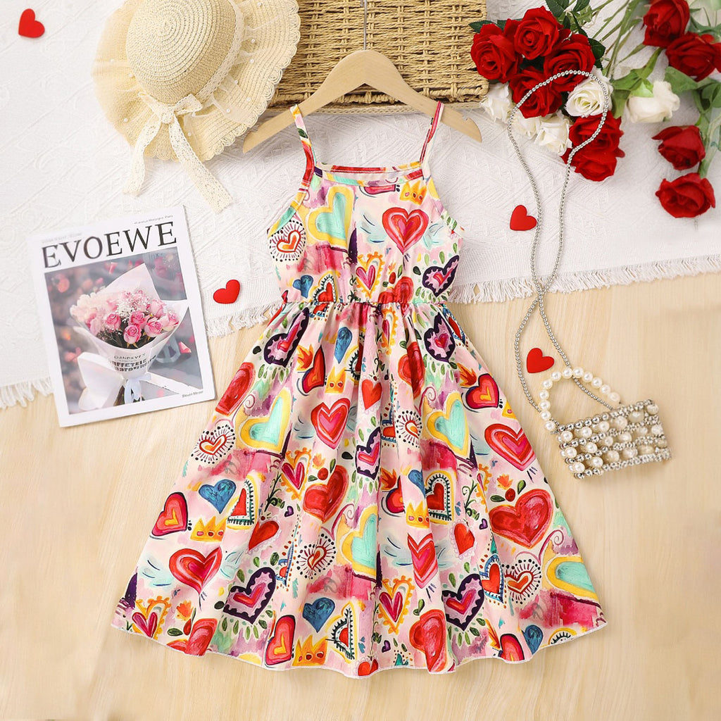 Girls Multicolored Heart Printed Midi Sundress Casual Dresses