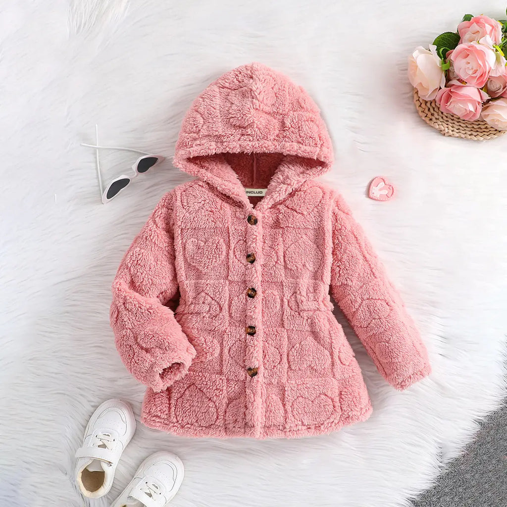 Girls Pink Self-Design Heart Patterns Hooded Fleece Jacket Coats & Jackets Pink 5-6 Y
