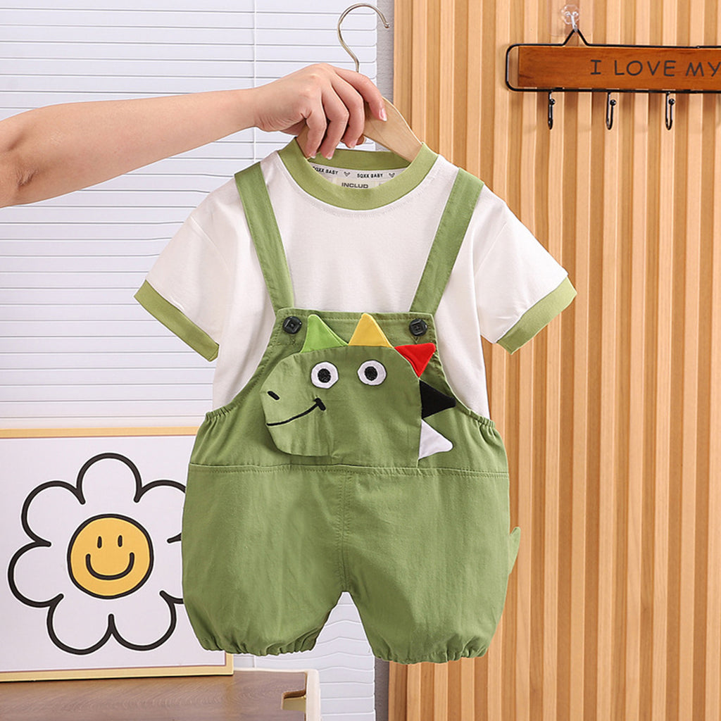 Boys Short Sleeve T-Shirt With Applique Dungaree 2 pc. Sets Green 1-2 Y 
