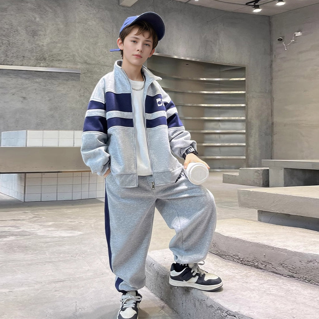 Boys Grey Colorblocked Front Open Sweatshirt With Pants Sets 2 pc. Sets Grey 5-6 Y