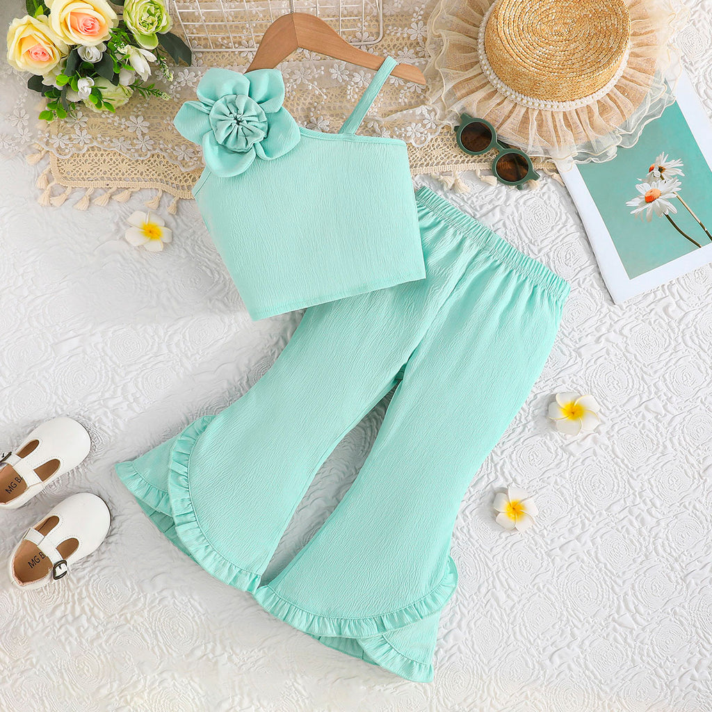 Girls Light Green Textured One Shoulder Top With Flared Hem Pants Set 2 pc. Sets Light Green 2-3 Y