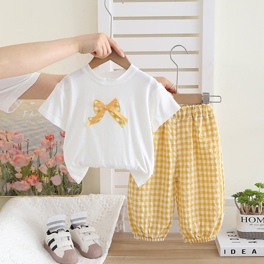 Girls Bow Applique T-Shirt With Yellow Checked Pants Set 2 pc. Sets Yellow 1-2 Y