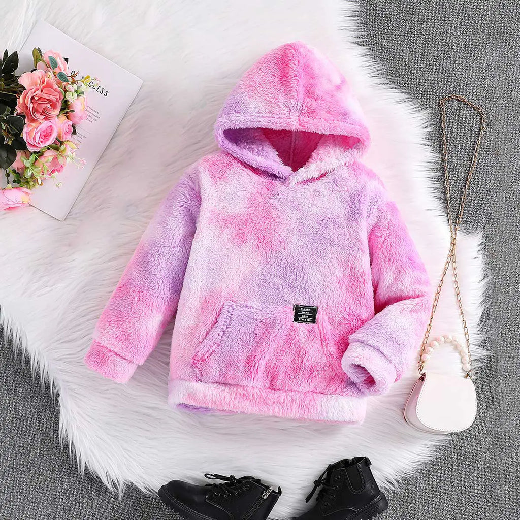 Girls Pink Self-Design Tie-Dye Pattern Hooded Fleece Sweatshirt Sweatshirts & Hoodies Pink 5-6 Y