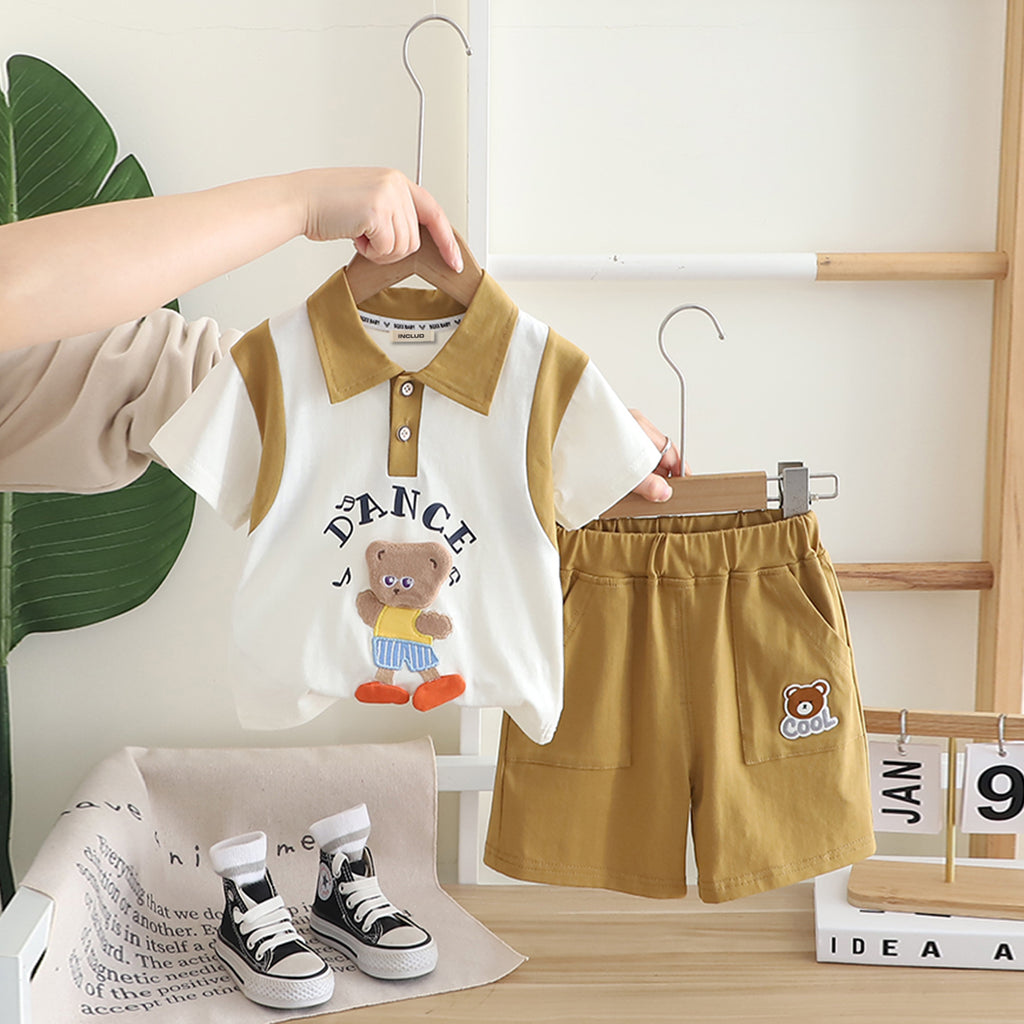 Boys Khaki Teddy Patch Polo T-shirt With Shorts Set Sets Khaki 1-2 Y
