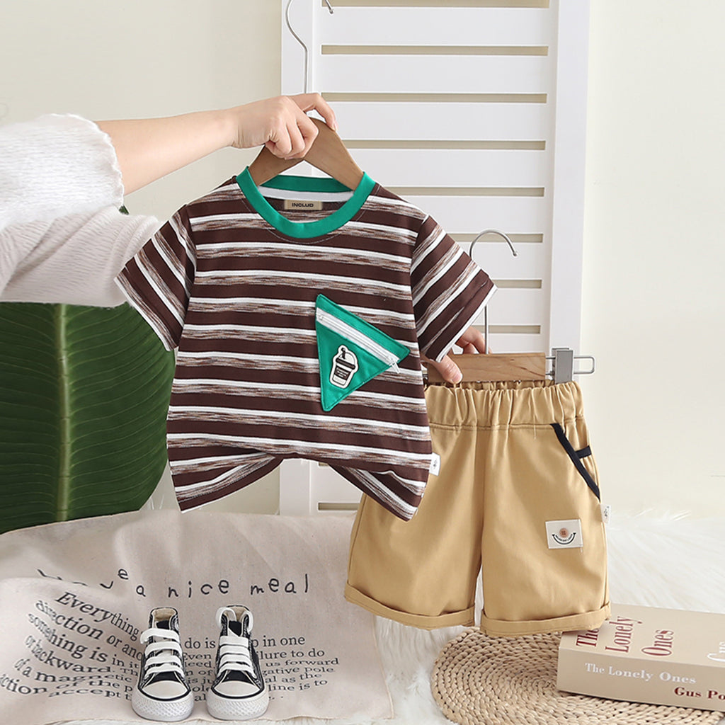 Boys Brown Striped Triangular Patch Pocket T-Shirt With Khaki Shorts Set 2 pc. Sets
