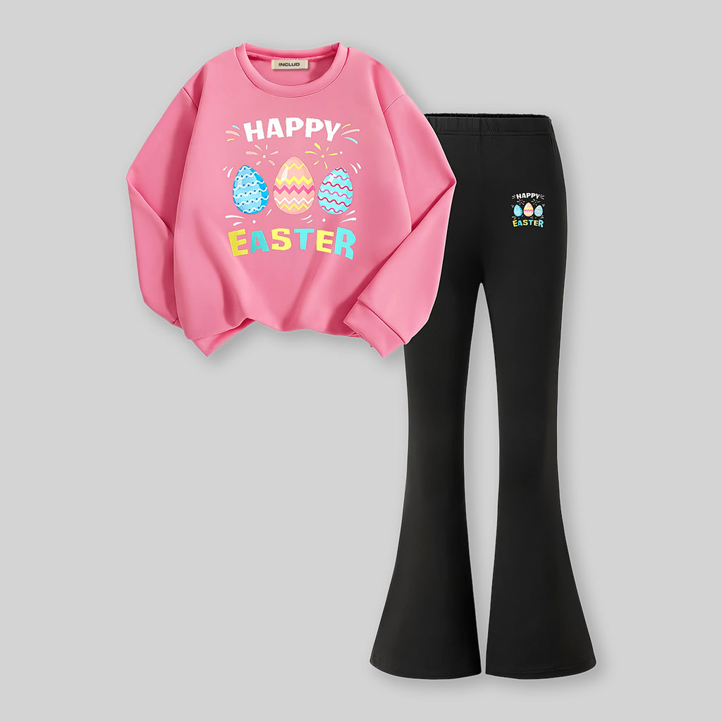 Girls Pink Typographic Long Sleeve Printed Sweatshirt With Flared Pants Sets 2 pc. Sets Pink 7-8 Y