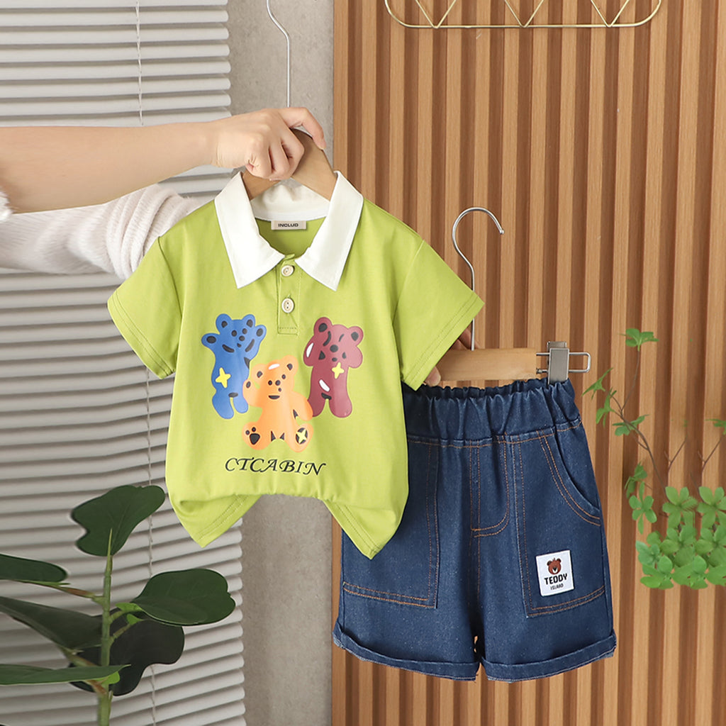 Boys Green Teddy Printed Short Sleeves Polo T-Shirt With Denim Shorts Set 2 pc. Sets Green 1-2 Y