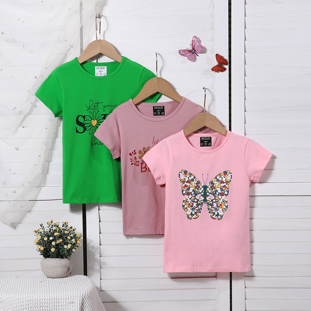 Girls Multicolor Graphics Summer T-shirts- Pack Of 3 Tshirts Multicolor 2-4 Y