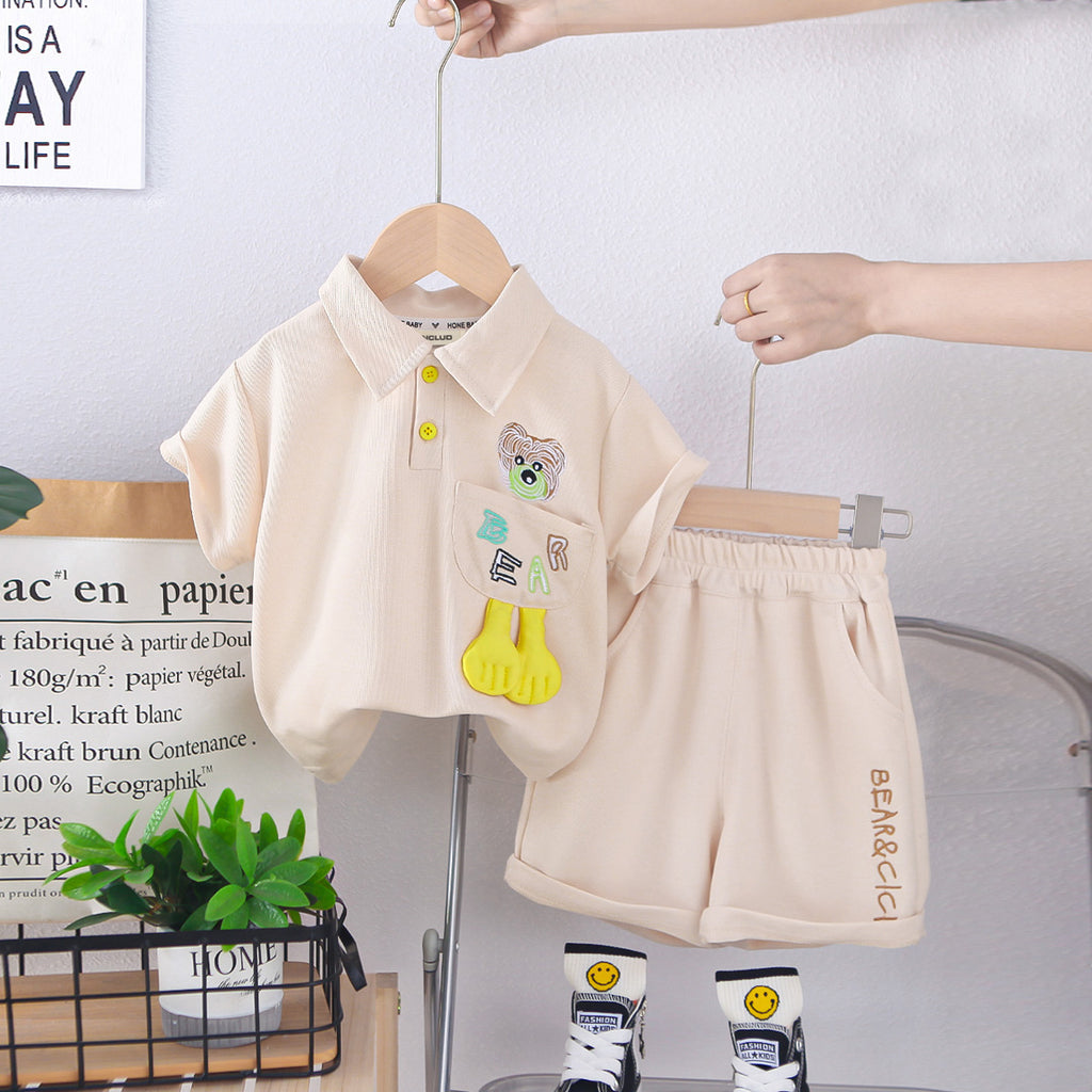 Boys Apricot Bear Printed Polo T-Shirt With Shorts Set 2 pc. Sets Apricot 1-2 Y