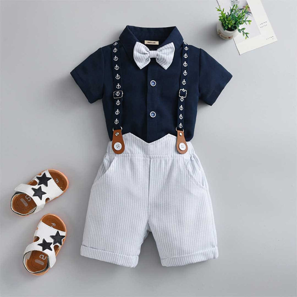 Boys Short Sleeve Shirt With Striped Suspender Shorts Set 2 pc. Sets Navy 1-2 Y 