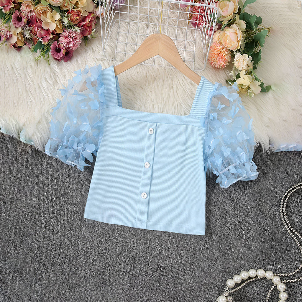 Girls Blue Butterfly Applique Puff Sleeve Top Tops Blue 7-8 Y
