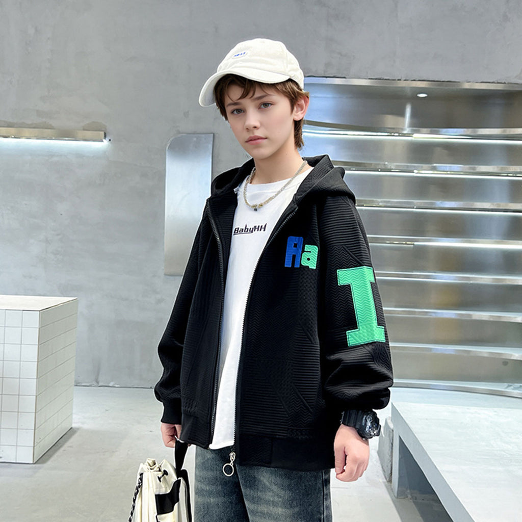 Boys Black Textured Hooded Front Zipper Winter Jacket Sweatshirts & Hoodies Black 5-6 Y