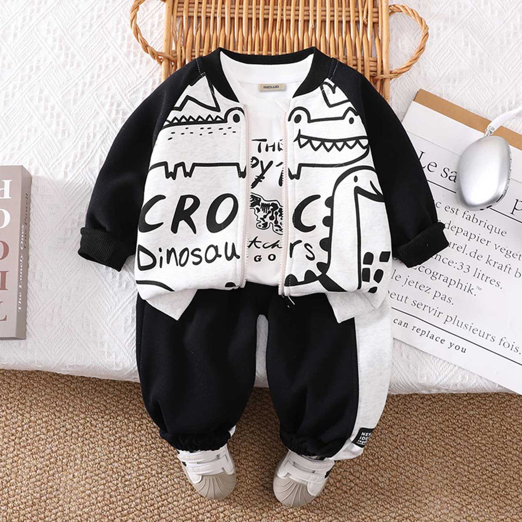 Boys White Dinosaur Printed Zipper Jacket with T-shirt & Joggers Set Sets White 1-2 Y
