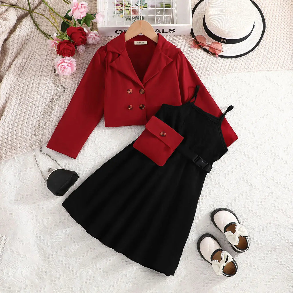 Girls Maroon Crop Blazer With Sleeveless Black Dress Casual Dresses Maroon 5-6 Y