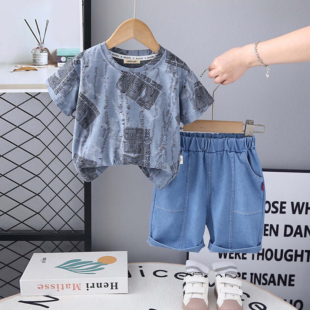 Boys Blue Distressed Printed Short Sleeves T-Shirt With Denim Short Set 2 pc. Sets Blue 1-2 Y