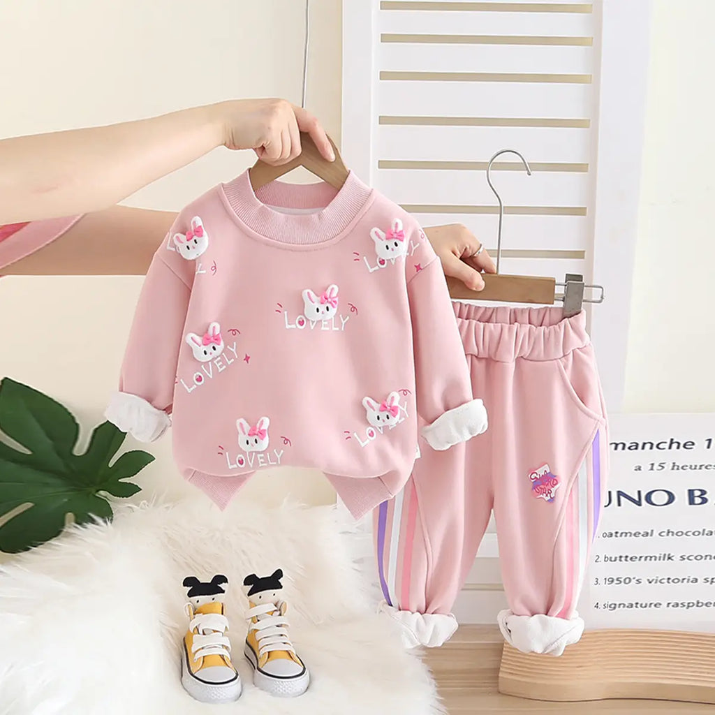 Girls Pink Applique Regular Sweatshirt With Trousers Sets 2 pc. Sets Pink 1-2 Y