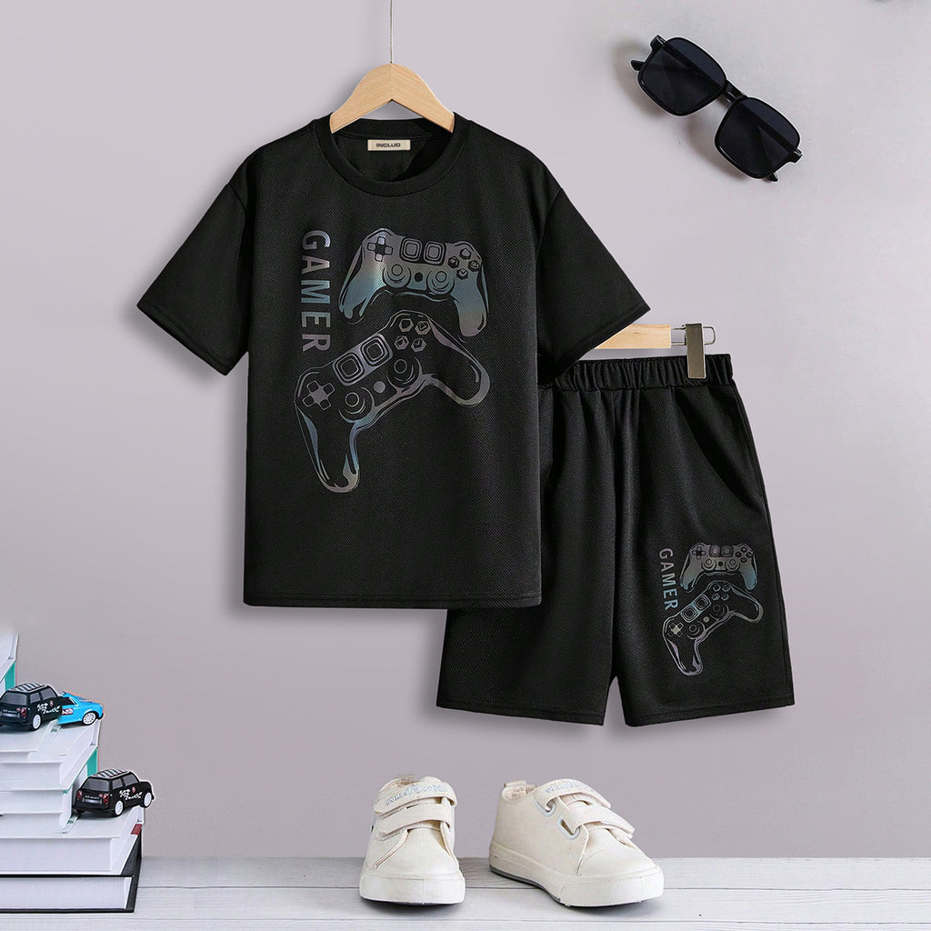 Boys Black Gaming Printed Short Sleeves T-Shirt With Shorts Set 2 pc. Sets Black 7-8 Y