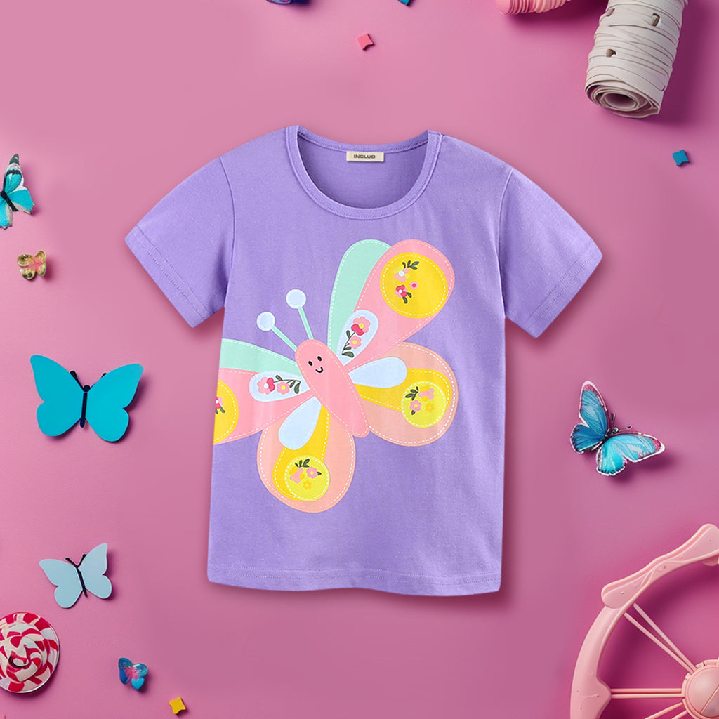 Girls Butterfly Print Short Sleeves T-shirt Tshirts Purple 1-2 Y 