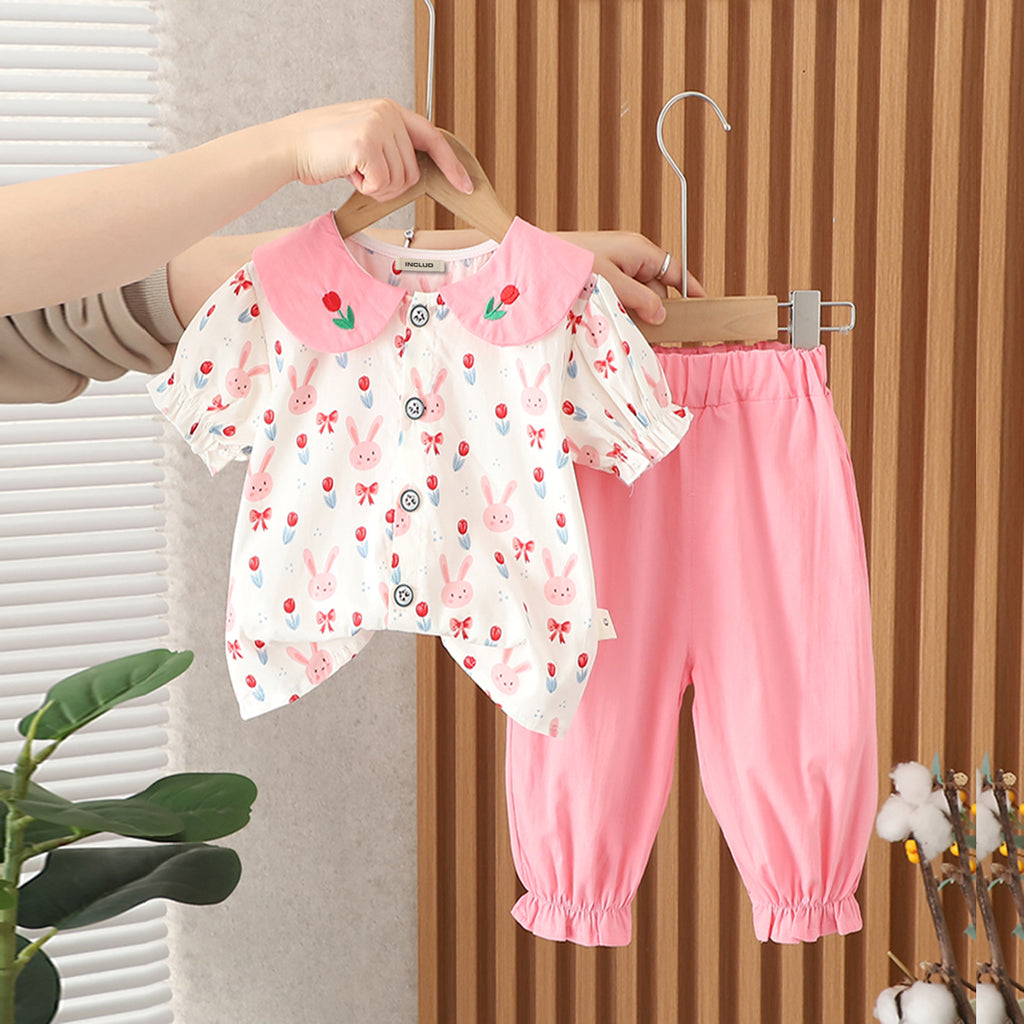 Girls Rabbit Printed Contrast Collared Top With Pink Pants Set 2 pc. Sets Pink 1-2 Y