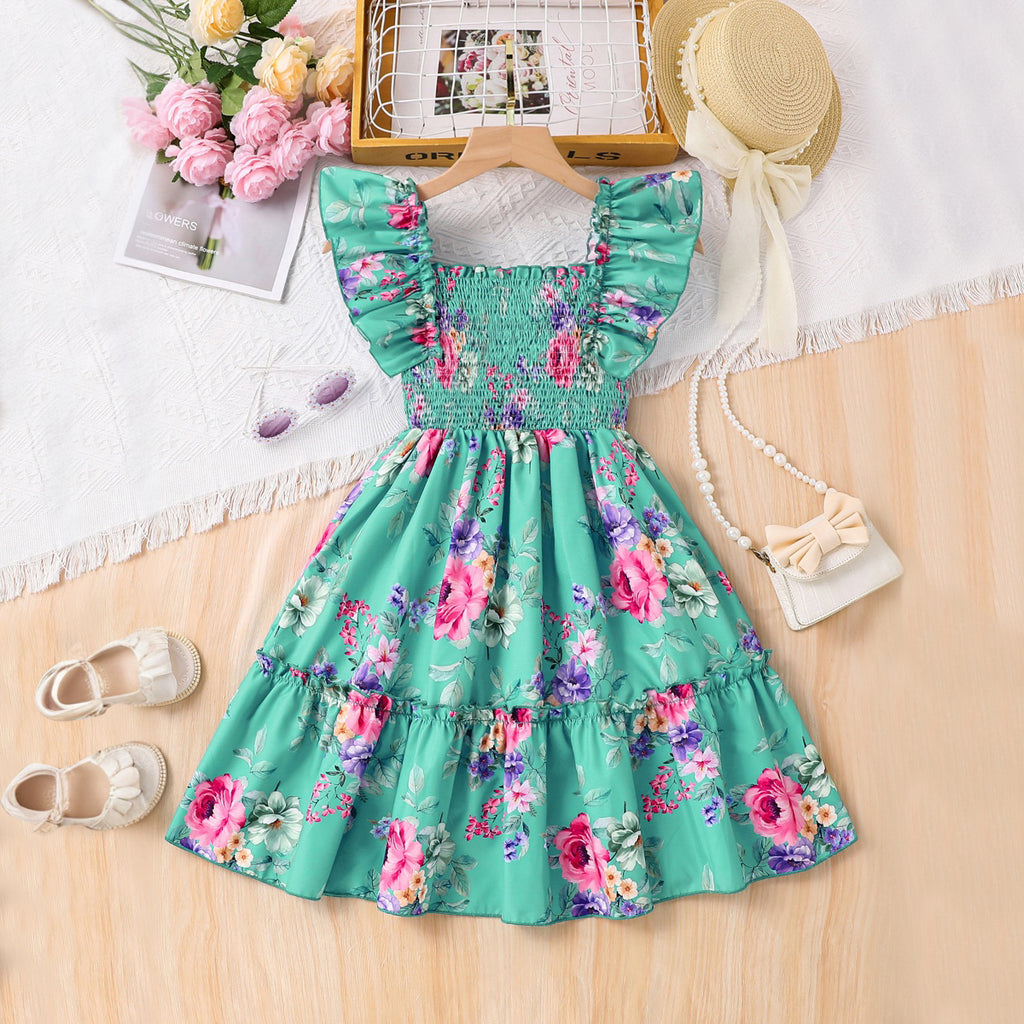 Girls Green Rose Print Square Neck Fit & Flare Smocked Dress Casual Dresses Green 3-4 Y