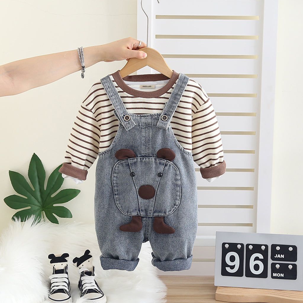 Boys Brown Stripes T-Shirt With Denim Dungaree Set 2 pc. Sets Brown 1-2 Y