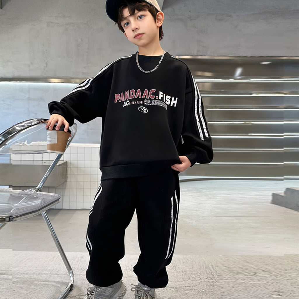 Boys Black Typographic Printed Sweatshirt With Joggers Winter Co-ord Sets 2 pc. Sets Black 5-6 Y